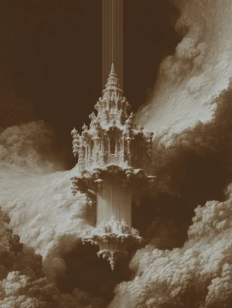 Fantasy structure in a cloudscape: An ornate, towering, pagoda-like construction pierces through white clouds against a dark sepia sky.