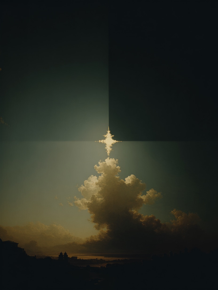Scenic view of sunlight piercing through clouds, illuminating the sky above the silhouette of a distant landscape. Atmospheric vista.