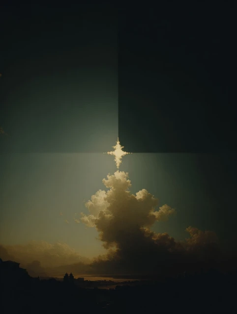 Scenic view of sunlight piercing through clouds, illuminating the sky above the silhouette of a distant landscape. Atmospheric vista.