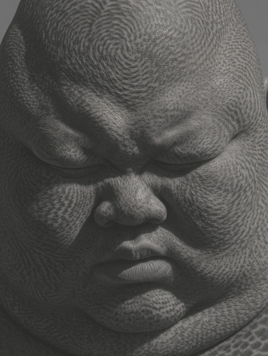 Close-up portrait of a textured sculpted human face with detailed swirling skin patterns and closed eyes in monochrome tones.