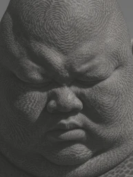 Close-up portrait of a textured sculpted human face with detailed swirling skin patterns and closed eyes in monochrome tones.
