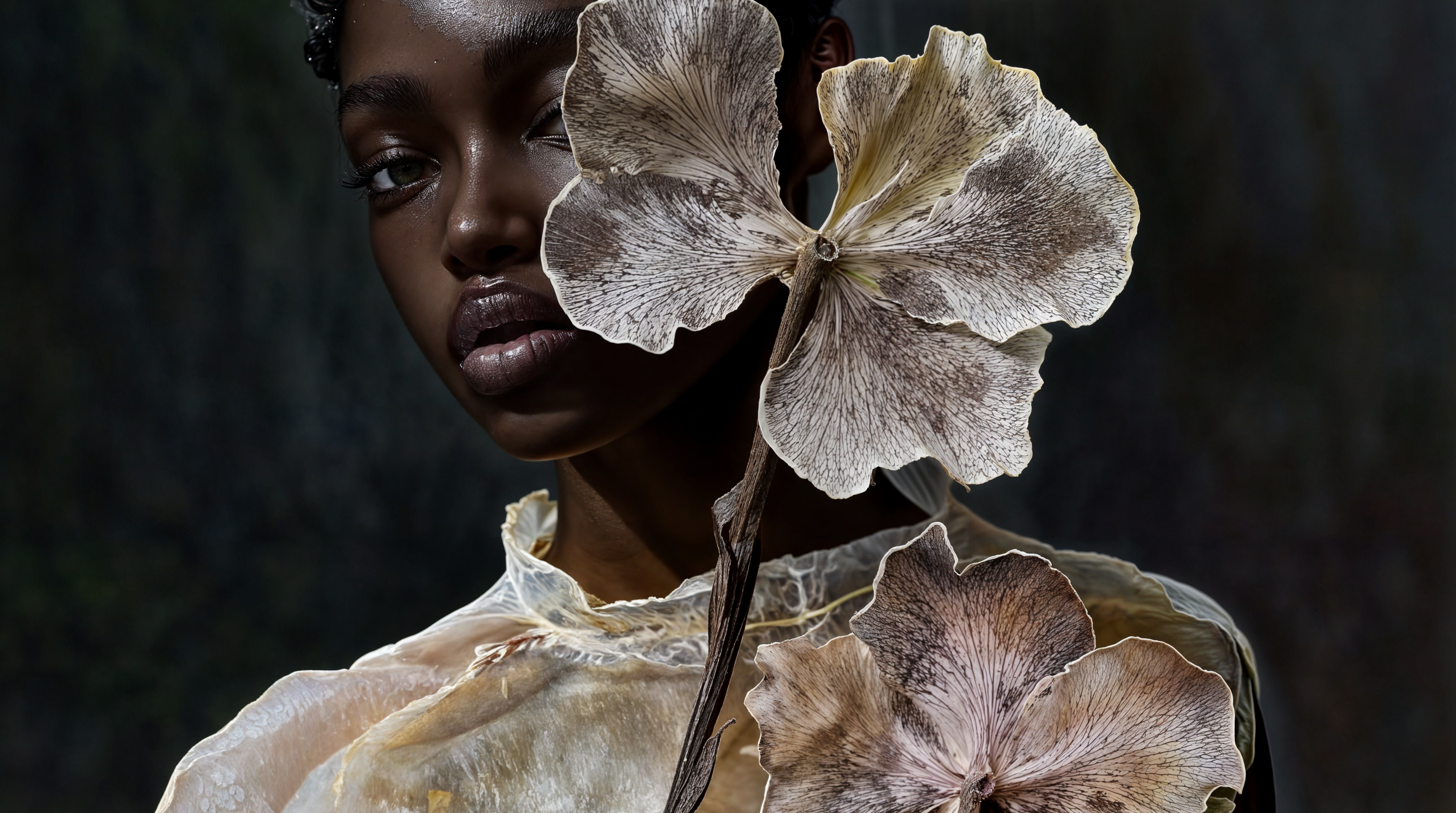 Portrait of an adult female with dark skin, light eye contact, posing with a dried flower in a photo studio against a dark background.
