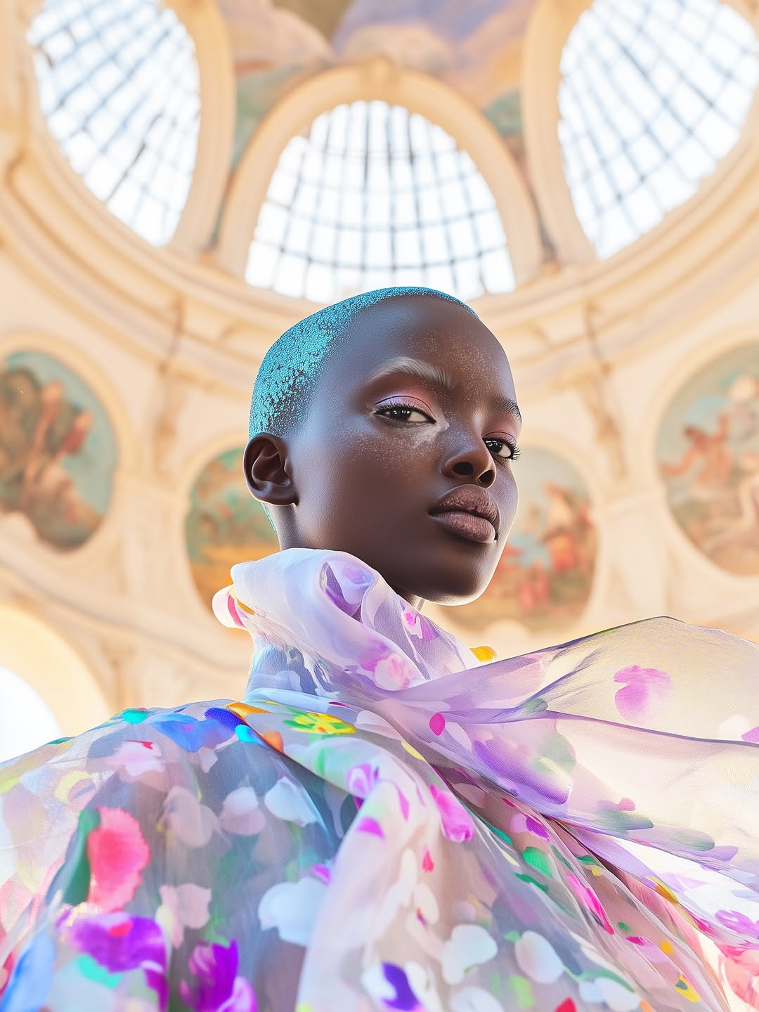 Close-up of a dark-skinned woman in sheer floral gown; she poses in a dome with painted walls and turquoise hair.