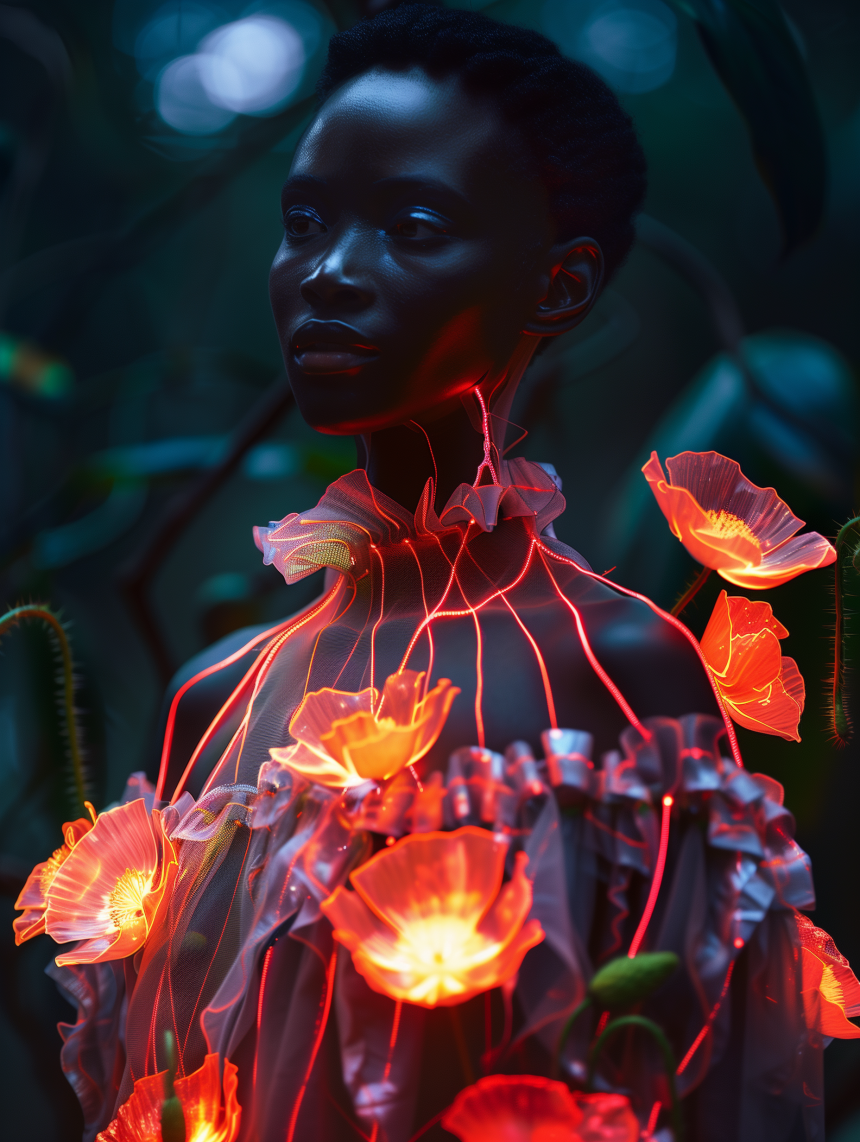 Artistic portrait of a dark-skinned woman wearing illuminated floral garment in a dimly lit, verdant, dreamlike environment.