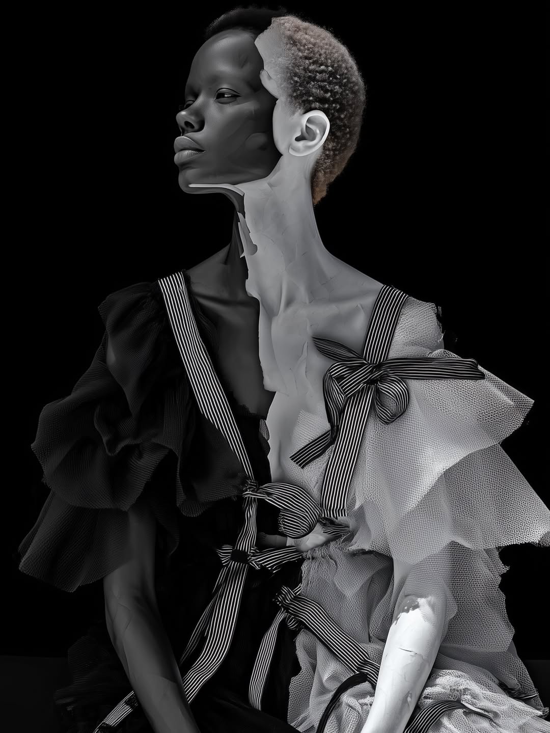 Monochrome fashion portrait of a woman with striking makeup and a two-tone ruffle dress against a dark backdrop, artistic and dramatic.