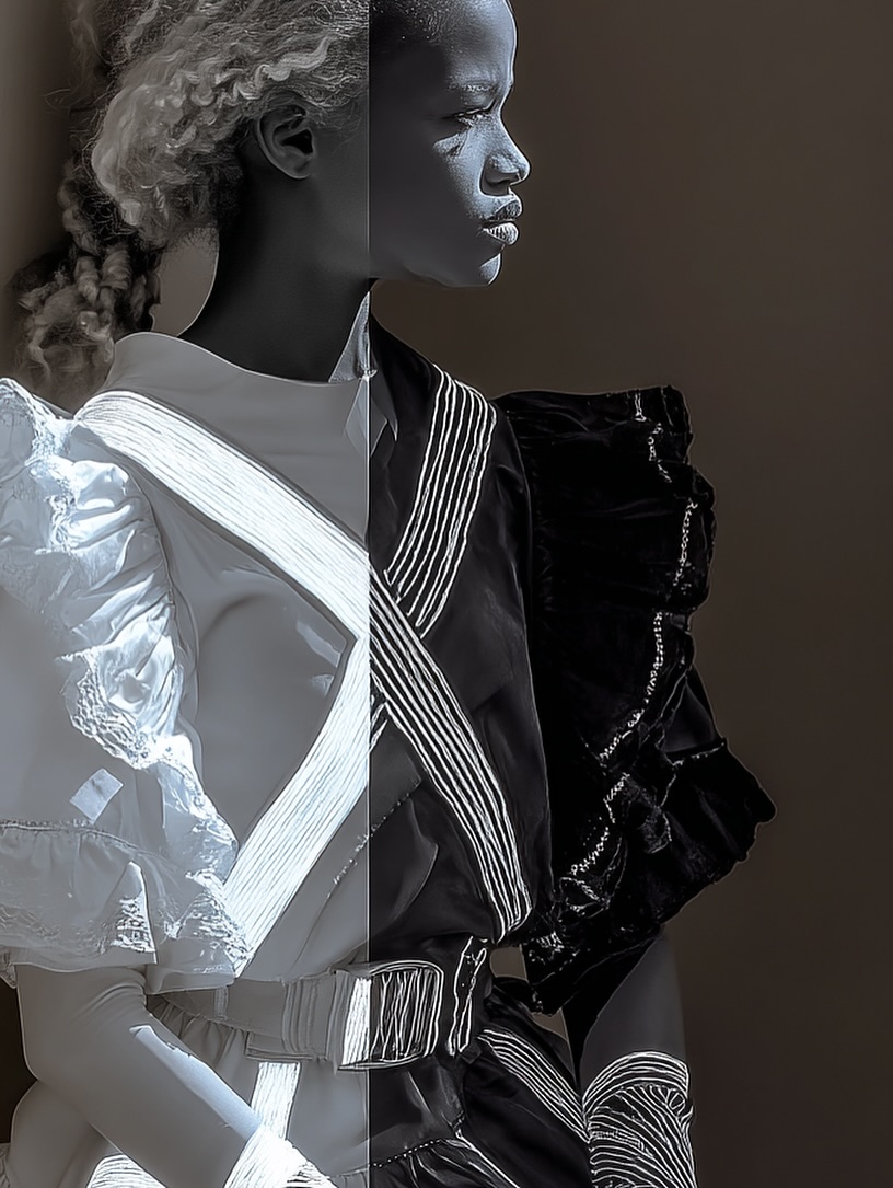 Monochromatic portrait of a Black model in high fashion, divided vertically with contrasting black and white clothing and dramatic lighting.