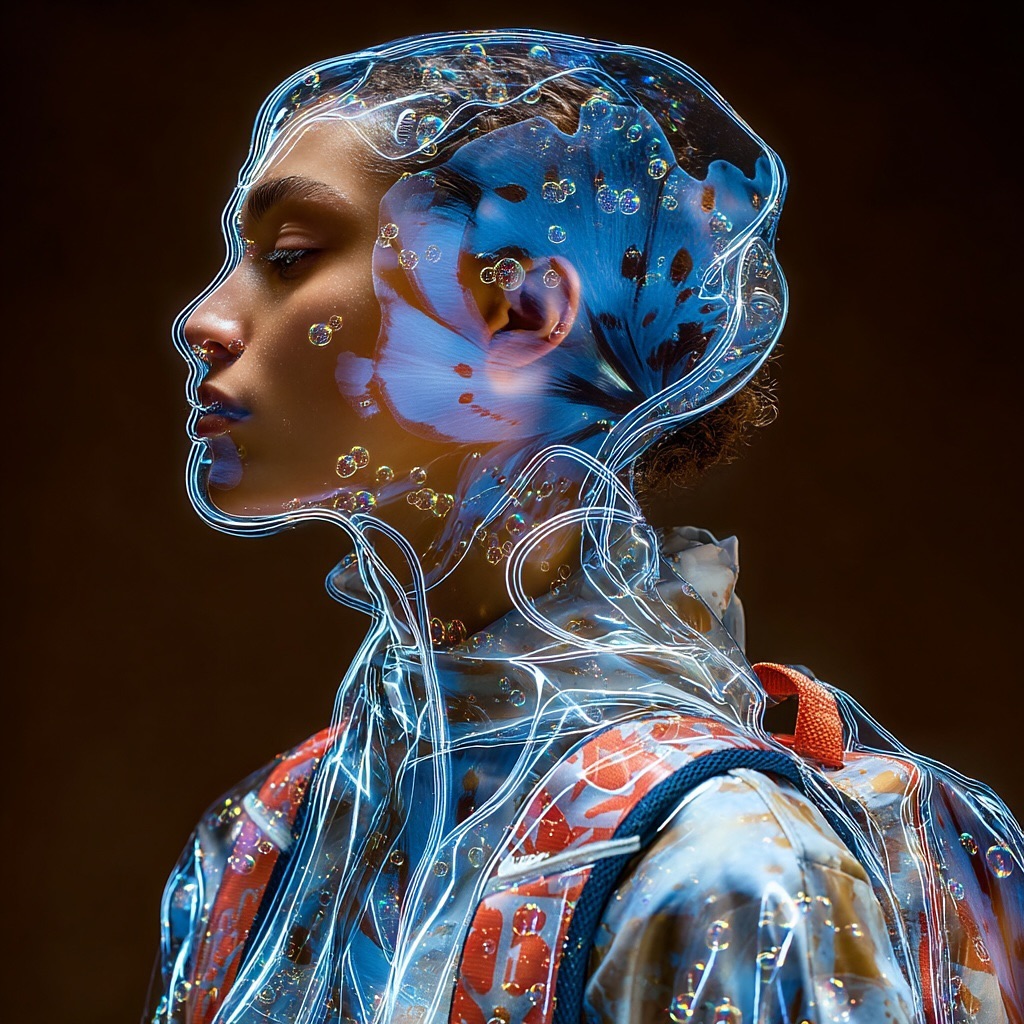 Artistic studio portrait of a woman wearing a clear, patterned raincoat and backpack, with glowing neon light effects and bubbles.