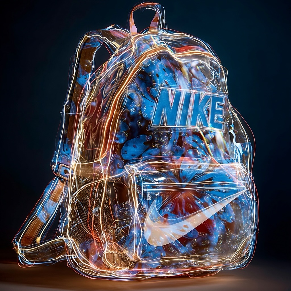 Conceptual image of a transparent Nike backpack featuring luminescent outlines and floral internal design, set against a dark background.