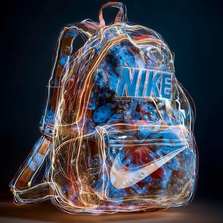 Conceptual image of a transparent Nike backpack featuring luminescent outlines and floral internal design, set against a dark background.
