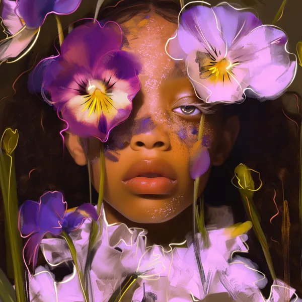 Illustration of a person surrounded by pansy flowers in shades of purple and white, creating a whimsical, floral-themed artwork.
