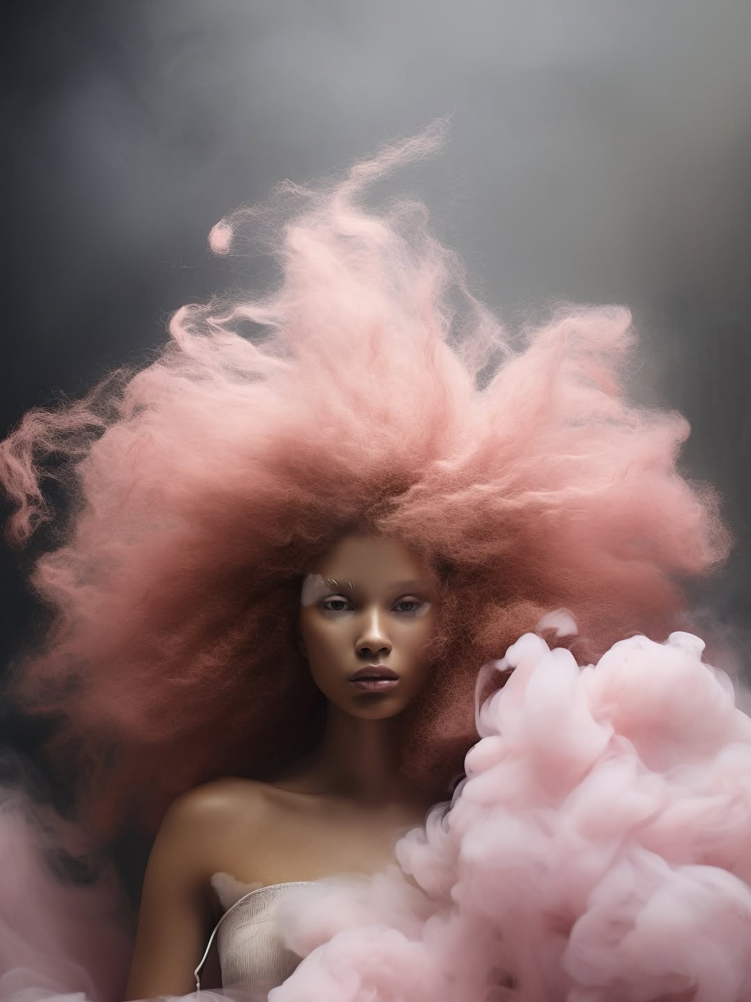 Portrait of a woman with dark skin and light eyes surrounded by pink, cloud-like hair and smoke on a dark background in a studio setting.