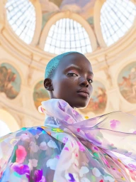 A low-angle portrait of a Black model with a turquoise buzz cut wearing a voluminous sheer floral organza top under a domed ceiling.