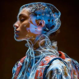 Profile portrait of a woman enveloped in a glowing translucent glass membrane with water droplets and blue floral motifs.