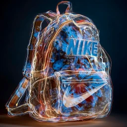 Glowing transparent backpack featuring the Nike logo with illuminated wireframe outlines against a dark studio gradient background.