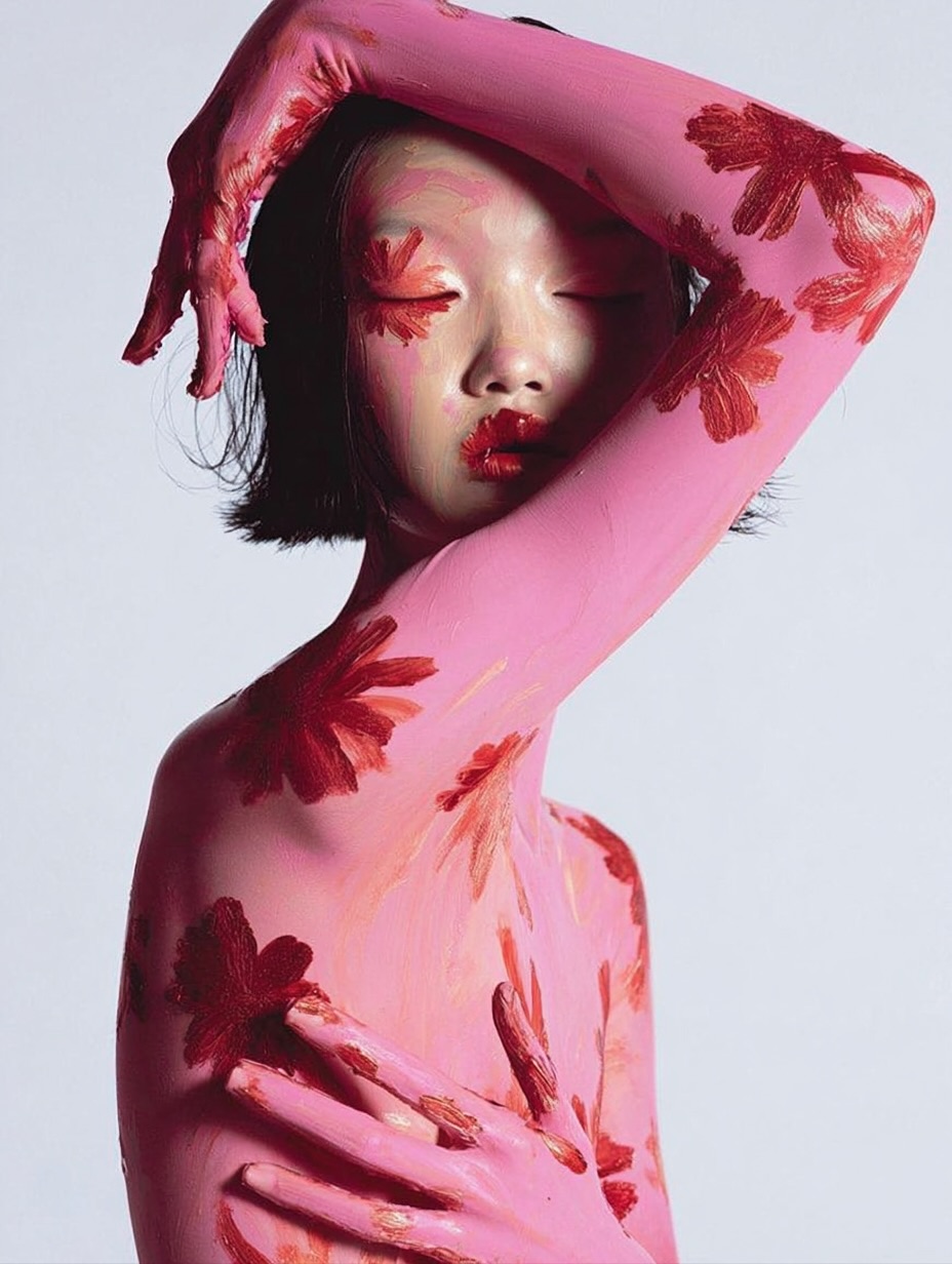 Portrait of Asian female model painted in pink, hands framing face, closed eyes, mouth painted red, red floral pattern on body, white backdrop.