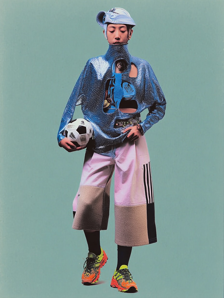 Fashionable person in a deconstructed outfit holding a soccer ball against a solid light blue background in a studio shot.