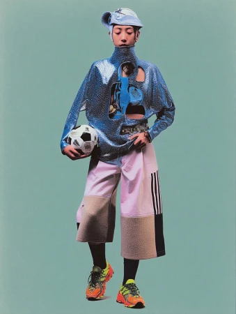 Fashionable person in a deconstructed outfit holding a soccer ball against a solid light blue background in a studio shot.