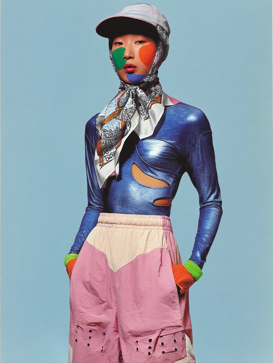 Stylish Asian model in a blue metallic top, pink shorts, and a printed headscarf, posing against a light blue background in a studio setting.