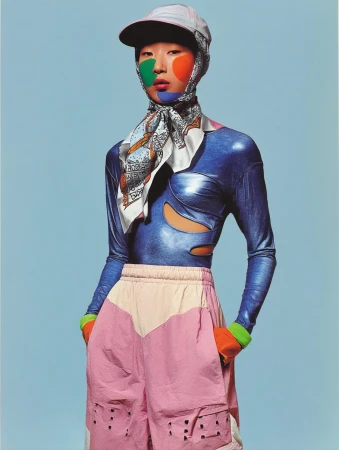 Stylish Asian model in a blue metallic top, pink shorts, and a printed headscarf, posing against a light blue background in a studio setting.