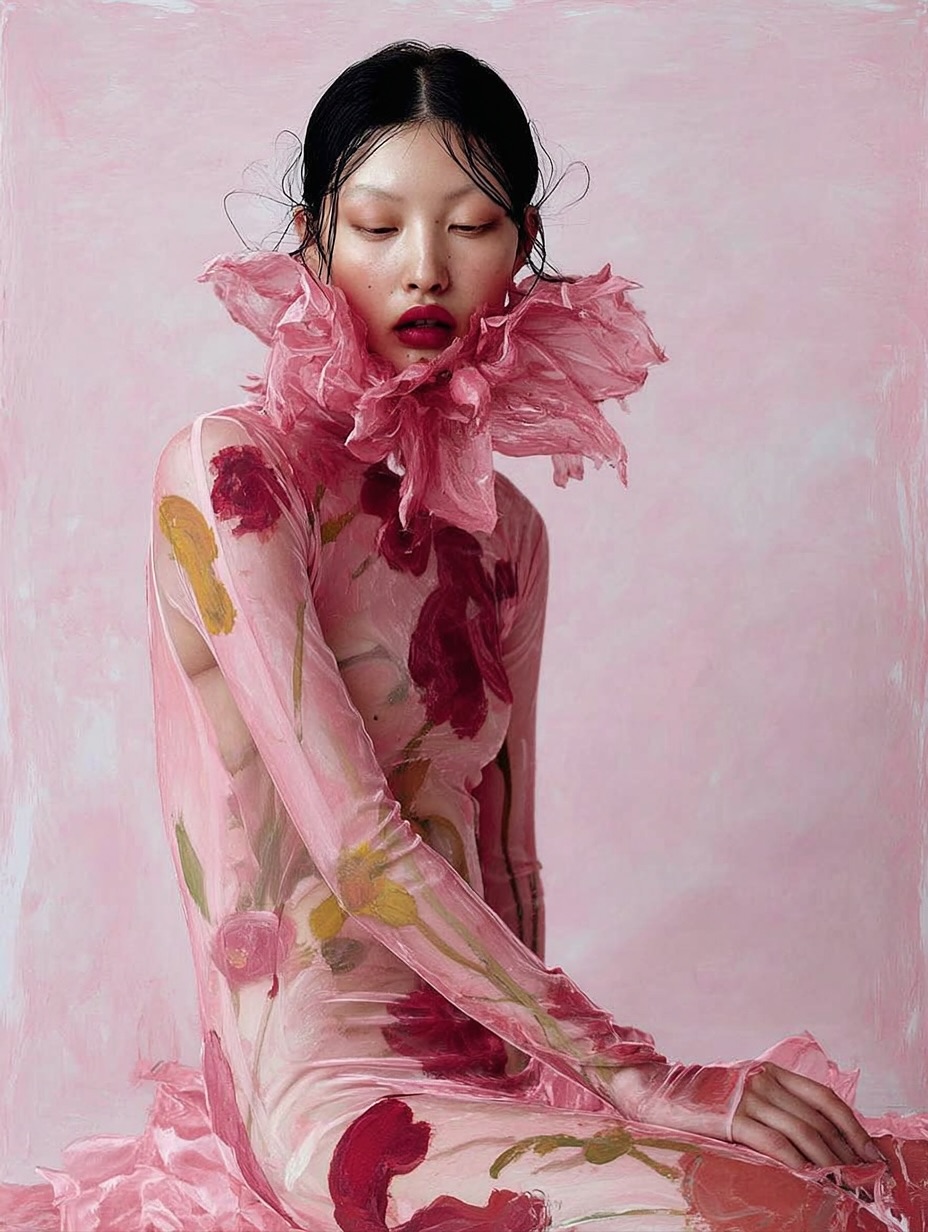 An Asian woman poses in a pink floral dress with a large ruffled collar against a pink backdrop, eyes closed, in a fine art photograph.