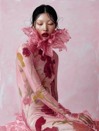An Asian woman poses in a pink floral dress with a large ruffled collar against a pink backdrop, eyes closed, in a fine art photograph.