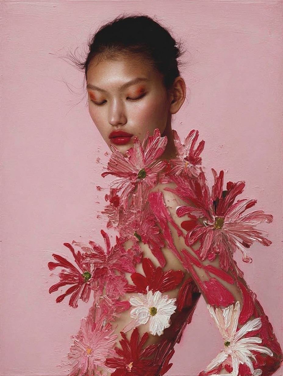 Artistic portrait of a woman wearing a flower-covered dress against a pink background, captured in a studio setting.
