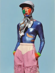 Model wearing a metallic blue cutout top, pink colorblock pants, patterned headscarf, and graphic face paint on a blue background.