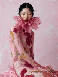 AI generated portrait of a woman in a sheer pink floral dress with an elaborate ruffled collar against a painted background