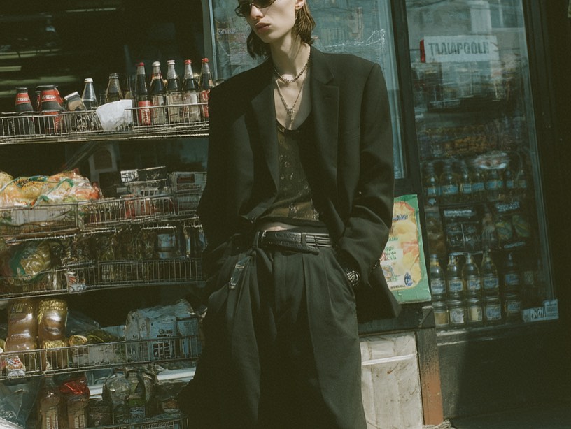 Stylish man in a black blazer and wide-leg pants poses in front of a bodega with shelves stocked with drinks and snacks on a sunny day.