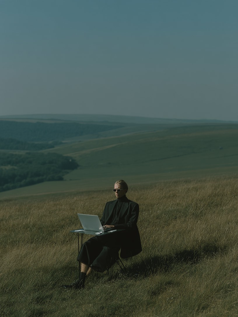 Woman in black business suit sitting at table with laptop in field against hills. Remote work in nature, fashion editorial.