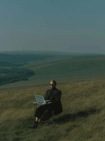 Woman in black business suit sitting at table with laptop in field against hills. Remote work in nature, fashion editorial.