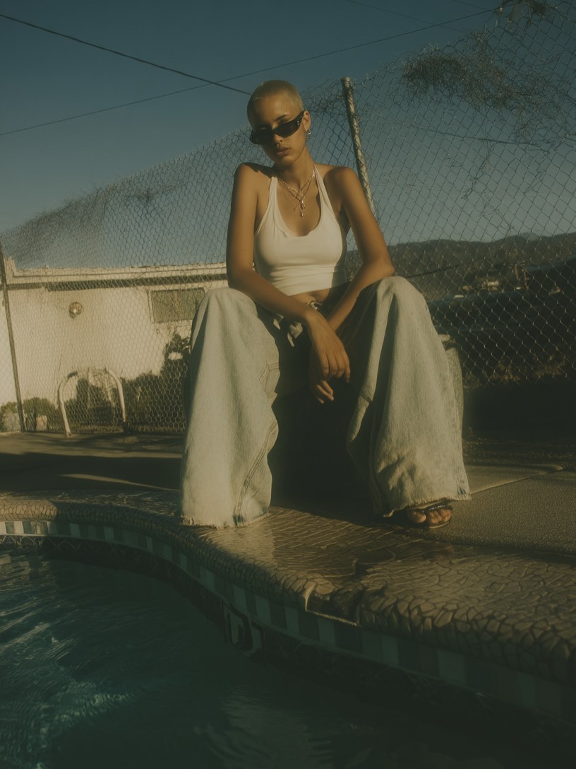 Young adult woman with short hair and sunglasses sits by a swimming pool wearing a white halter top and baggy denim pants.