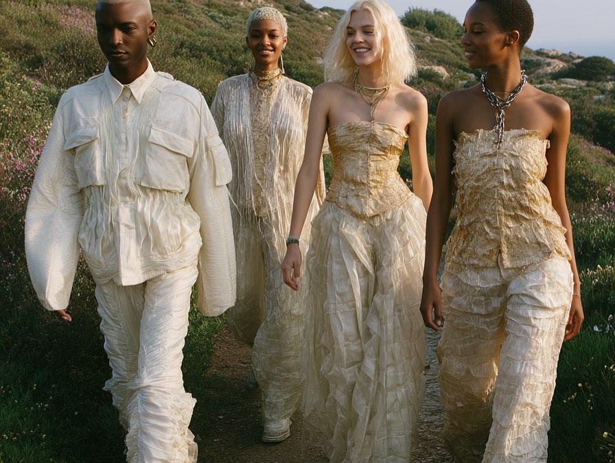 Four diverse fashion models in elegant, textured ecru outfits pose outdoors among sparse greenery, illuminated by bright, diffused natural lighting.