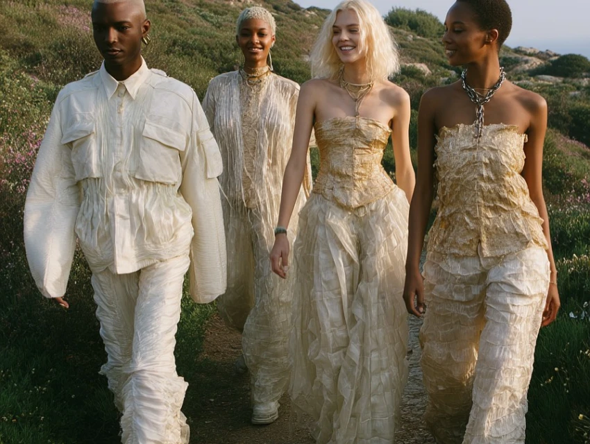 Four diverse fashion models in elegant, textured ecru outfits pose outdoors among sparse greenery, illuminated by bright, diffused natural lighting.