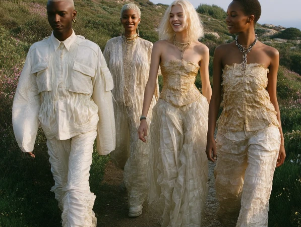 Four diverse fashion models in elegant, textured ecru outfits pose outdoors among sparse greenery, illuminated by bright, diffused natural lighting.