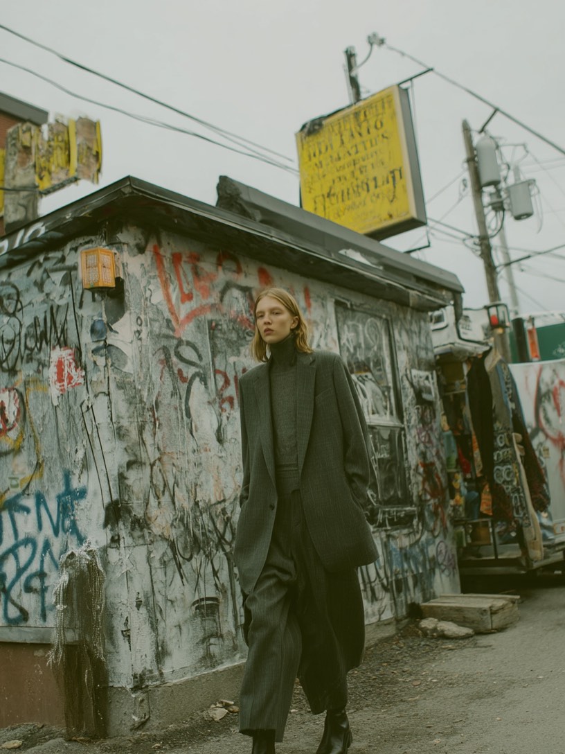 Woman in an overcoat and matching suit walks on an urban street in front of a graffitied building under an overcast sky.