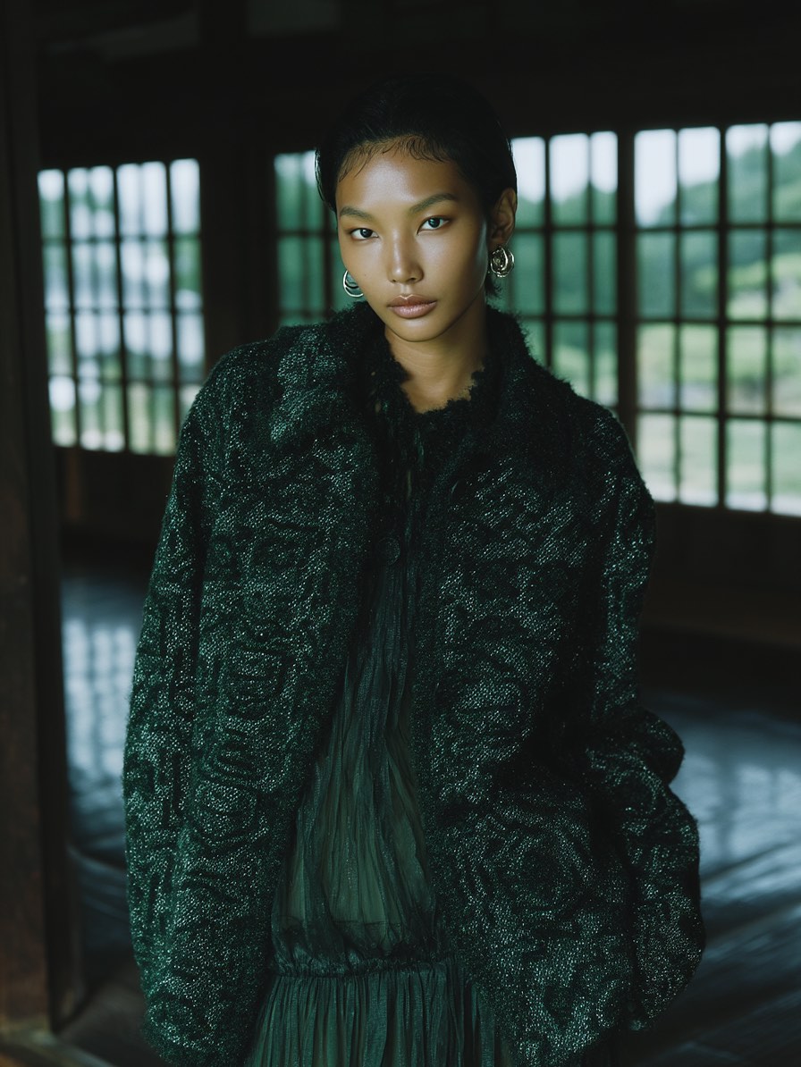 Portrait of a young woman wearing a dark green textured jacket and pleated dress, posing indoors with natural light.