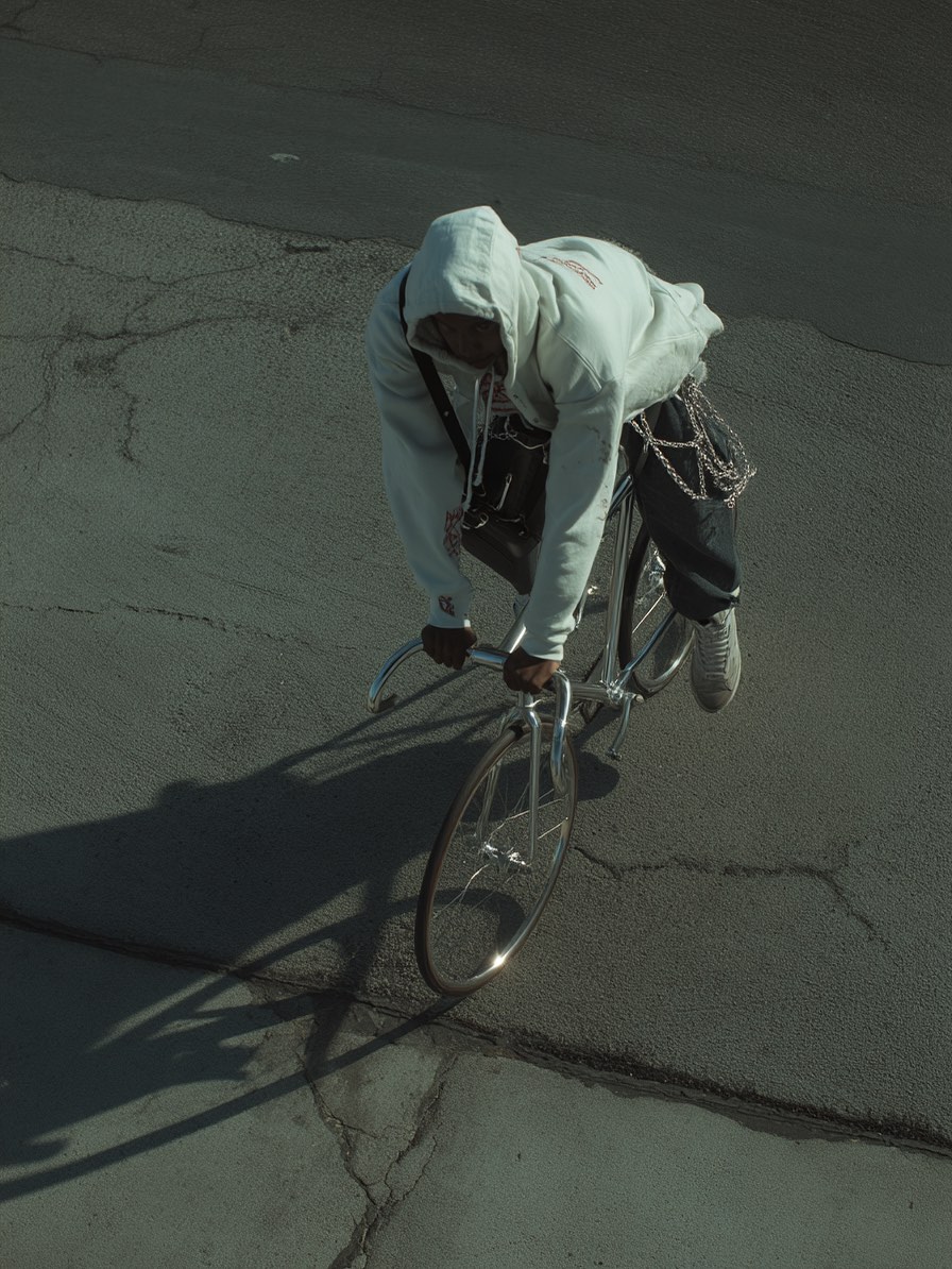 Overhead shot of a person riding a silver bicycle on cracked asphalt. The rider wears a hoodie and dark pants with chains.