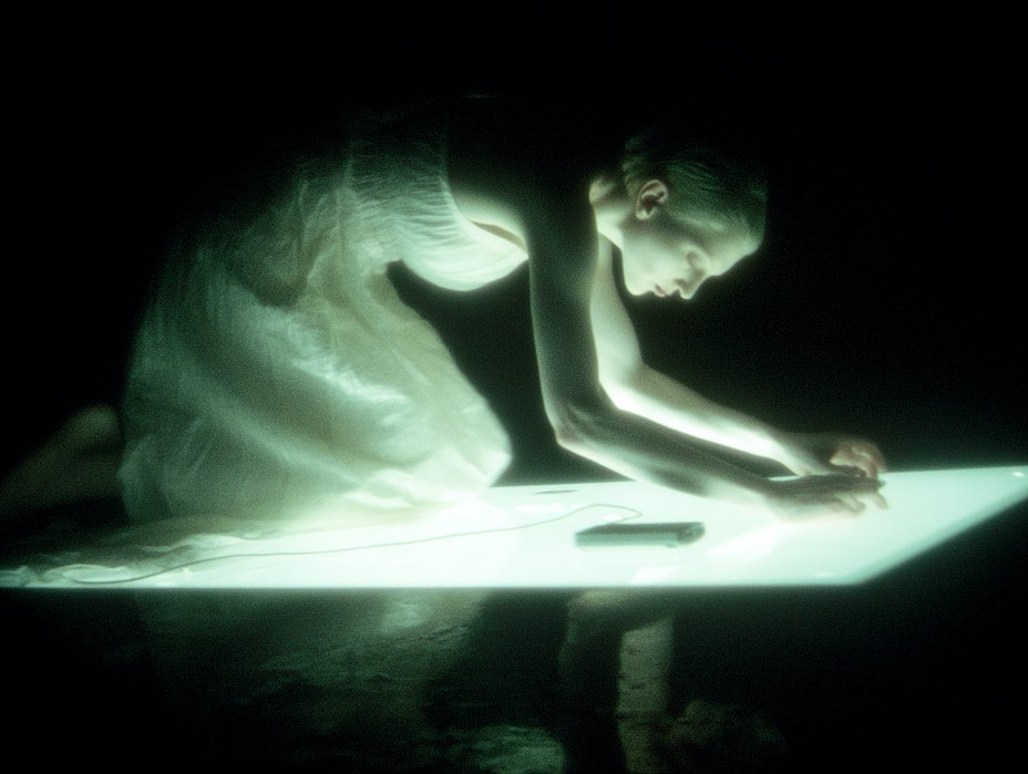 Woman in a light-colored dress kneels and leans over a glowing white surface in a dark room, with a dark object on the surface.