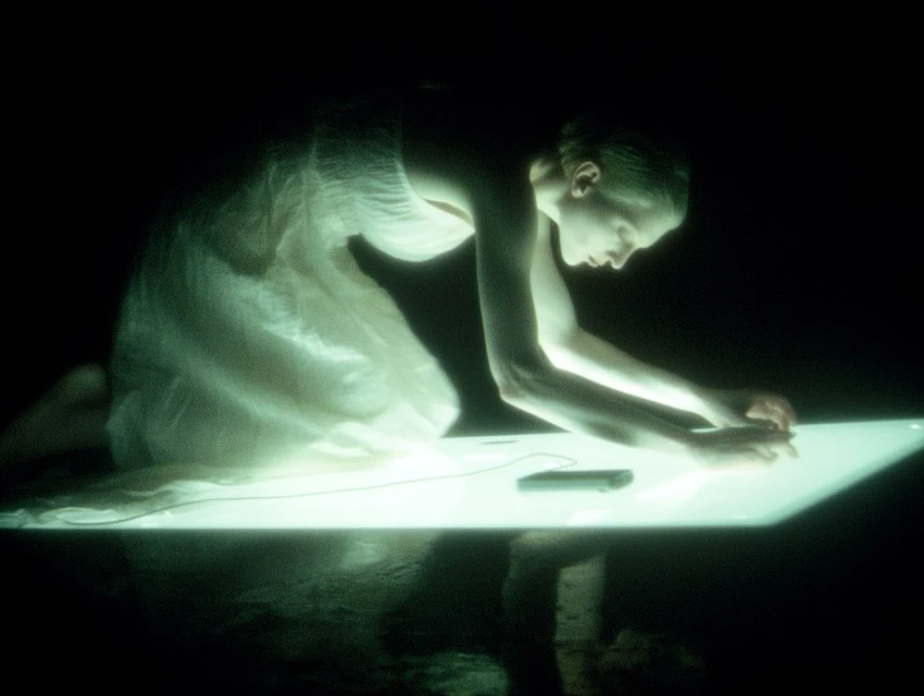 Woman in a light-colored dress kneels and leans over a glowing white surface in a dark room, with a dark object on the surface.