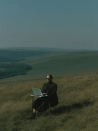 A person dressed in a black suit sits at a small desk with an open laptop in the middle of an expansive grassy hillside meadow.