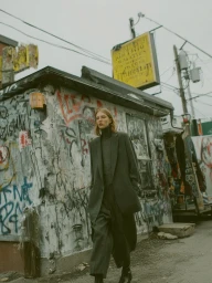 A model wearing an oversized dark grey tailored suit and black turtleneck walking along an urban street beside a graffiti-covered shack.