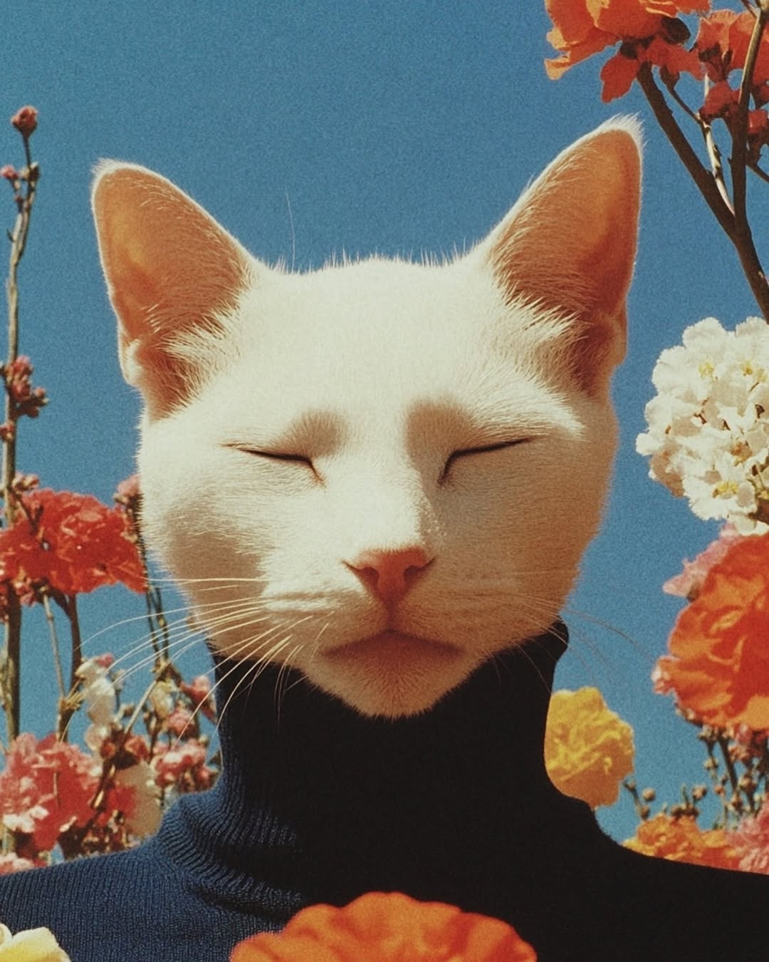 Surreal portrait of a white cat with eyes closed, wearing a black turtleneck, surrounded by colorful flowers against a blue sky backdrop.
