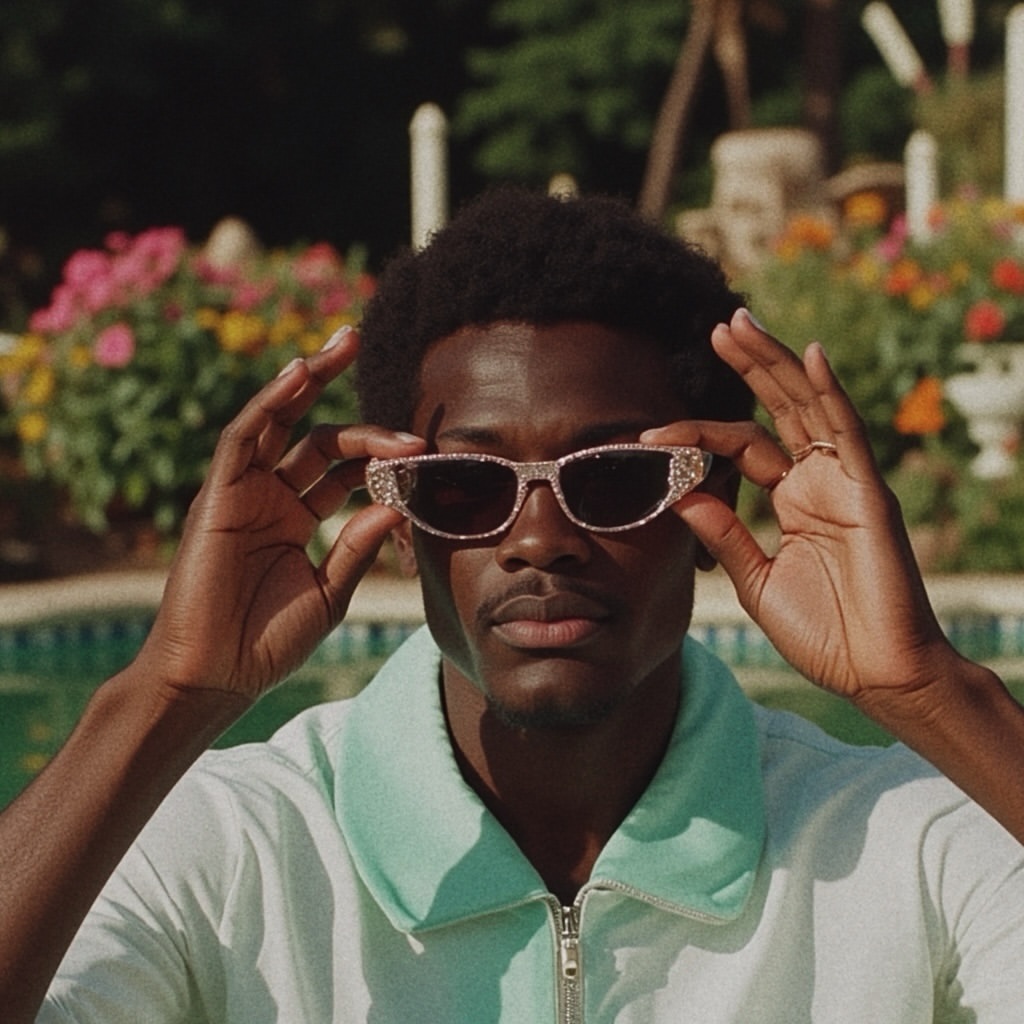 A young man with dark skin puts on embellished sunglasses outdoors, wearing a mint green jacket with a white shirt and flower background.