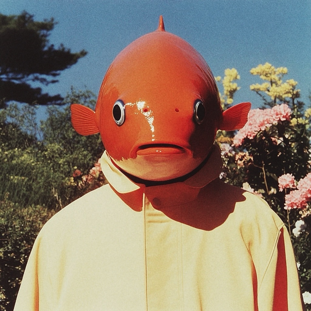 Person in a fish mask wearing a yellow coat stands in a lush garden under a blue sky; trees and pink flowers add a colorful background.