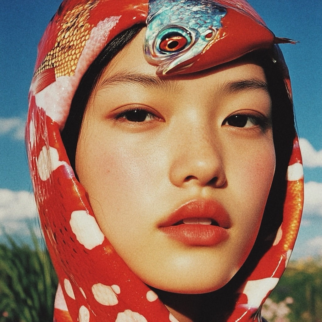 Asian woman with a fish headdress against a blue sky with light clouds. Close-up portrait of a woman in a unique fashion setting.