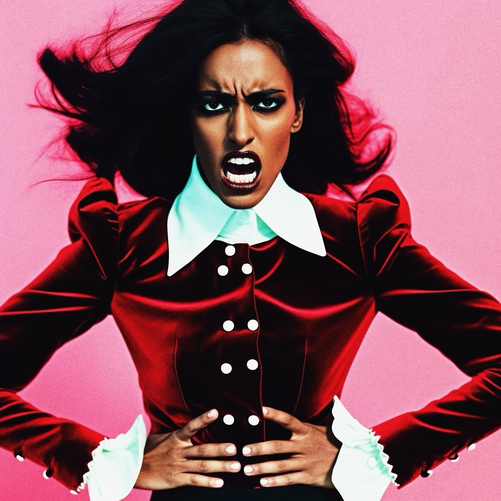 Dark-haired woman in a red jacket with a white collar and cuffs strikes a dramatic pose against a pink backdrop, expressing visible anger.