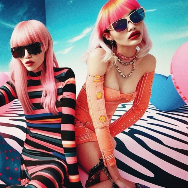 Two women in colorful outfits and sunglasses pose against a bright backdrop with pillows and a zebra-print surface, fashion photography.