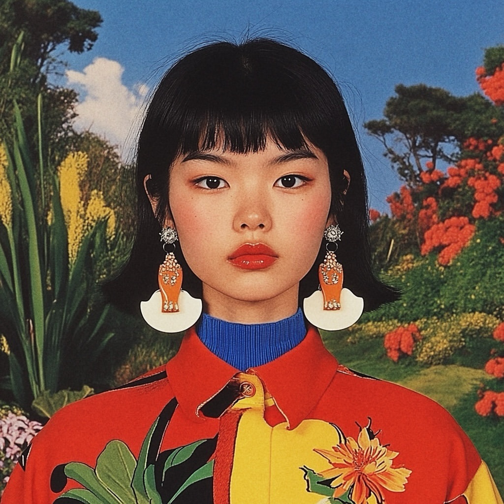 Portrait of a stylish Asian woman with short black hair, wearing statement earrings and a colorful floral shirt, posing outdoors.