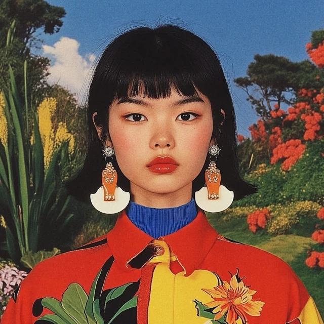 Portrait of a stylish Asian woman with short black hair, wearing statement earrings and a colorful floral shirt, posing outdoors.